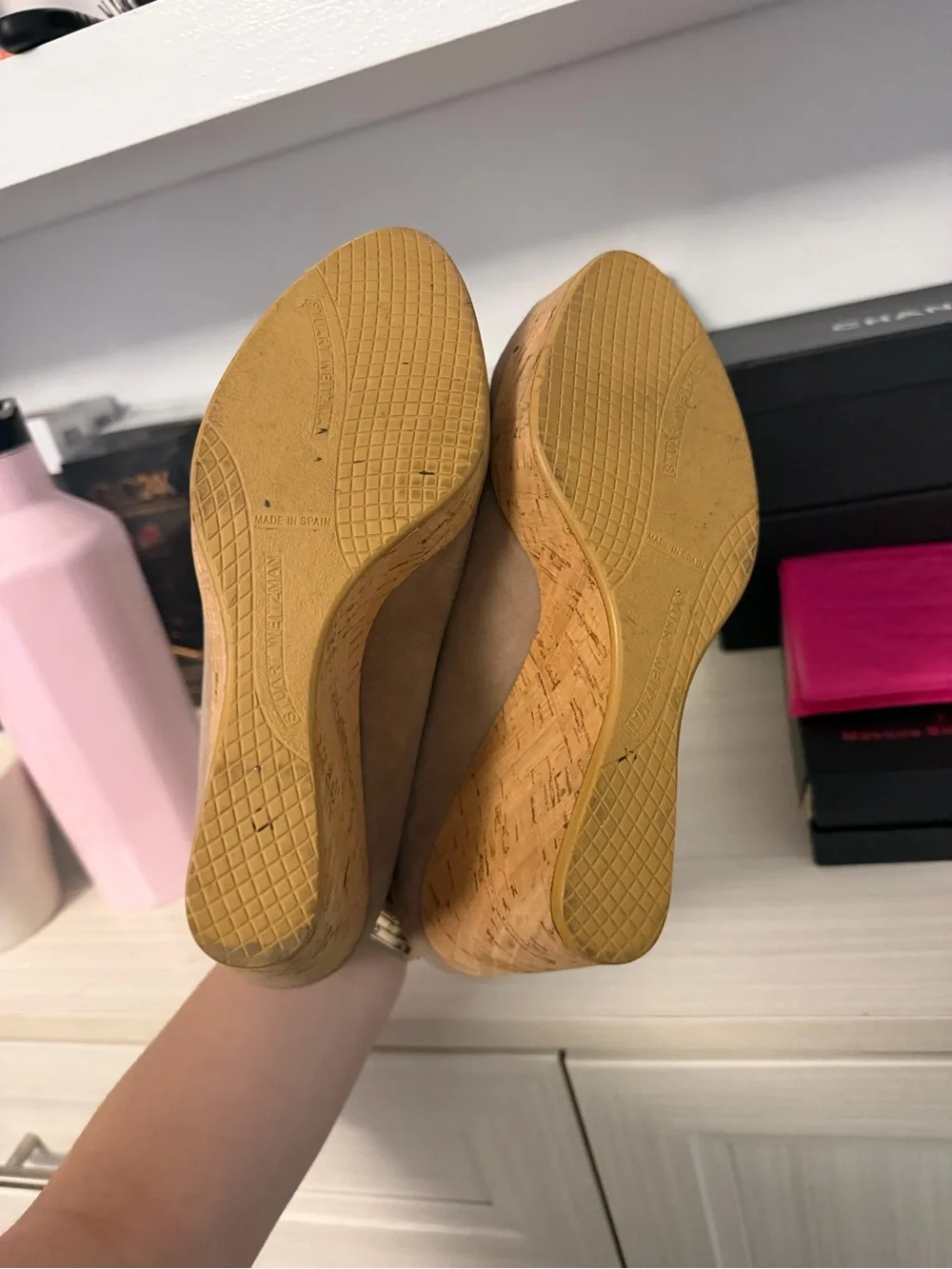Stuart Weitzman Taupe Suede Peep-Toe Pumps with Gold Accent - Picture 8 of 8